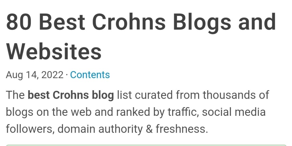 Feedspot's Top 80 Crohn's Disease Blogs 2022 - #5 It Could Be Worse Blog Mary Horsley http://blog.feedspot.com/crohns_blogs/